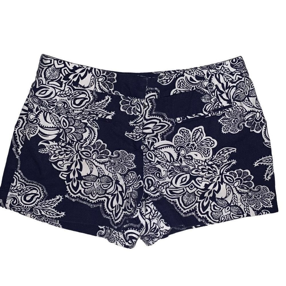 Dalia Collection Navy White Paisley Floral Cotton Stretch Shorts Womens Size 4